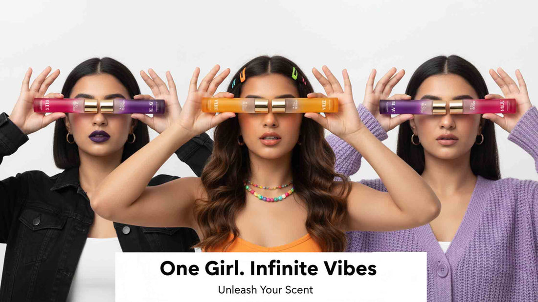 The Bold Rose Vibe, Slay, and Flex perfume bottles together, representing three signature scent identities for Gen Z girls — fresh, bold, and expressive fragrances.