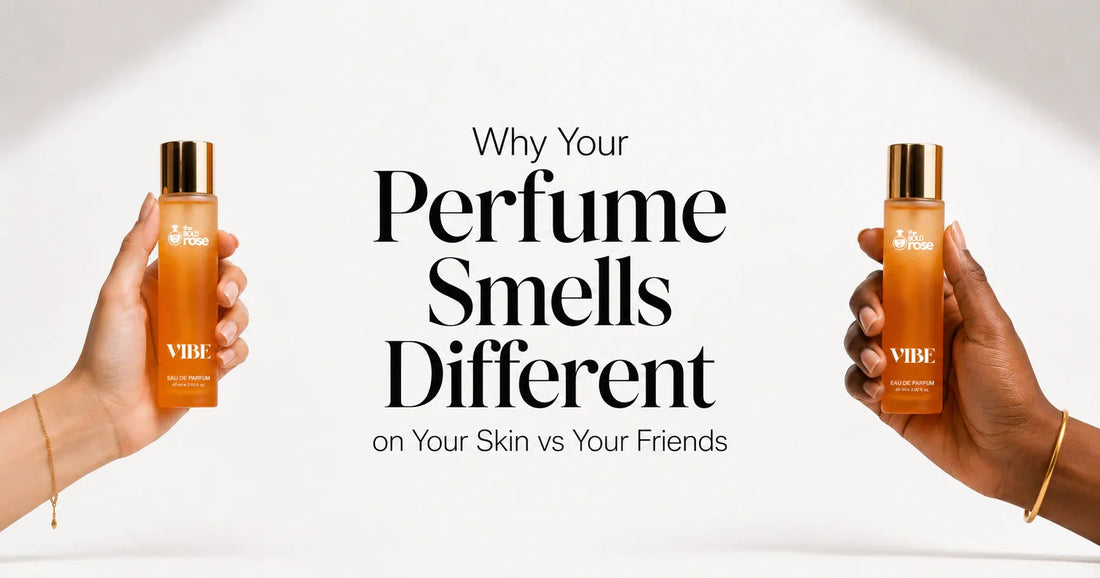 Two people with different skin tones holding The Bold Rose VIBE Eau de Parfum — same perfume, different skin chemistry, different scent experience