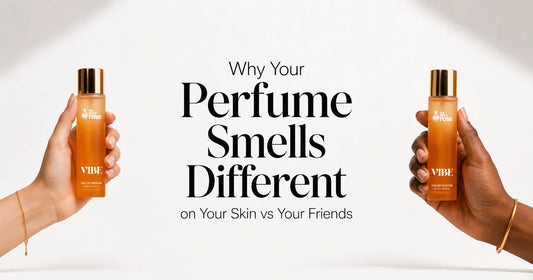 Two people with different skin tones holding The Bold Rose VIBE Eau de Parfum — same perfume, different skin chemistry, different scent experience