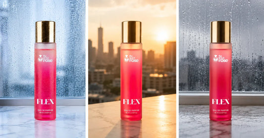 The Bold Rose FLEX Eau de Parfum photographed across three Indian climate conditions — monsoon humidity, summer heat and rainy weather — showing how Indian seasons affect perfume performance