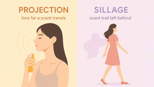 Minimal graphic comparing perfume projection distance and sillage trail left behind when walking.