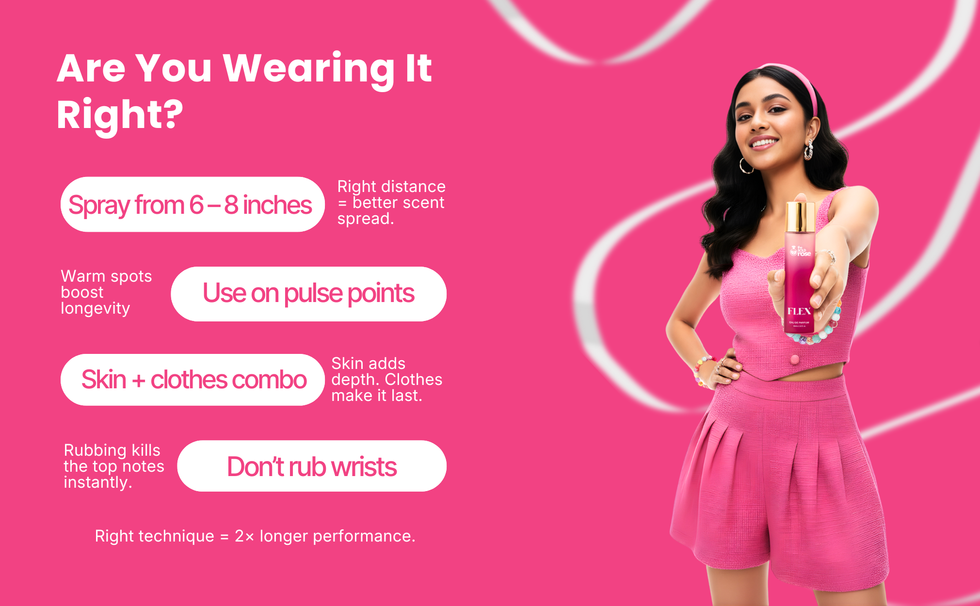 Woman holding a perfume bottle with product usage tips on a pink background