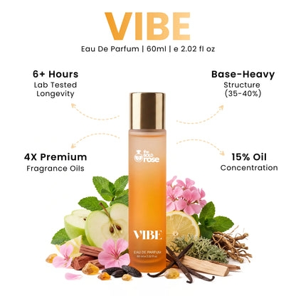 Vibe Eau De Parfum bottle with ingredients and product details on a white background