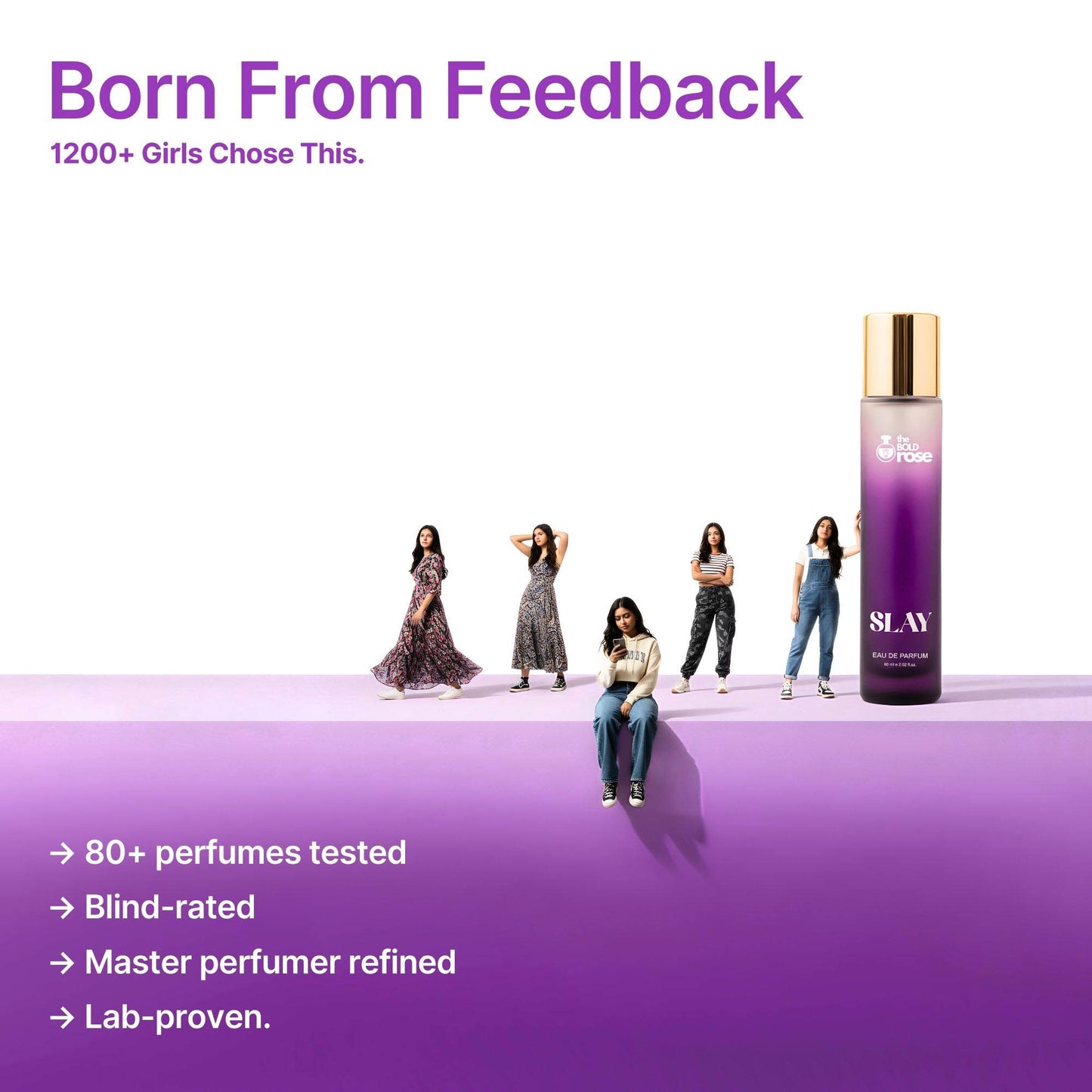 Slay perfume created using feedback from 1200+ college girls, refined by a master perfumer and lab-tested.