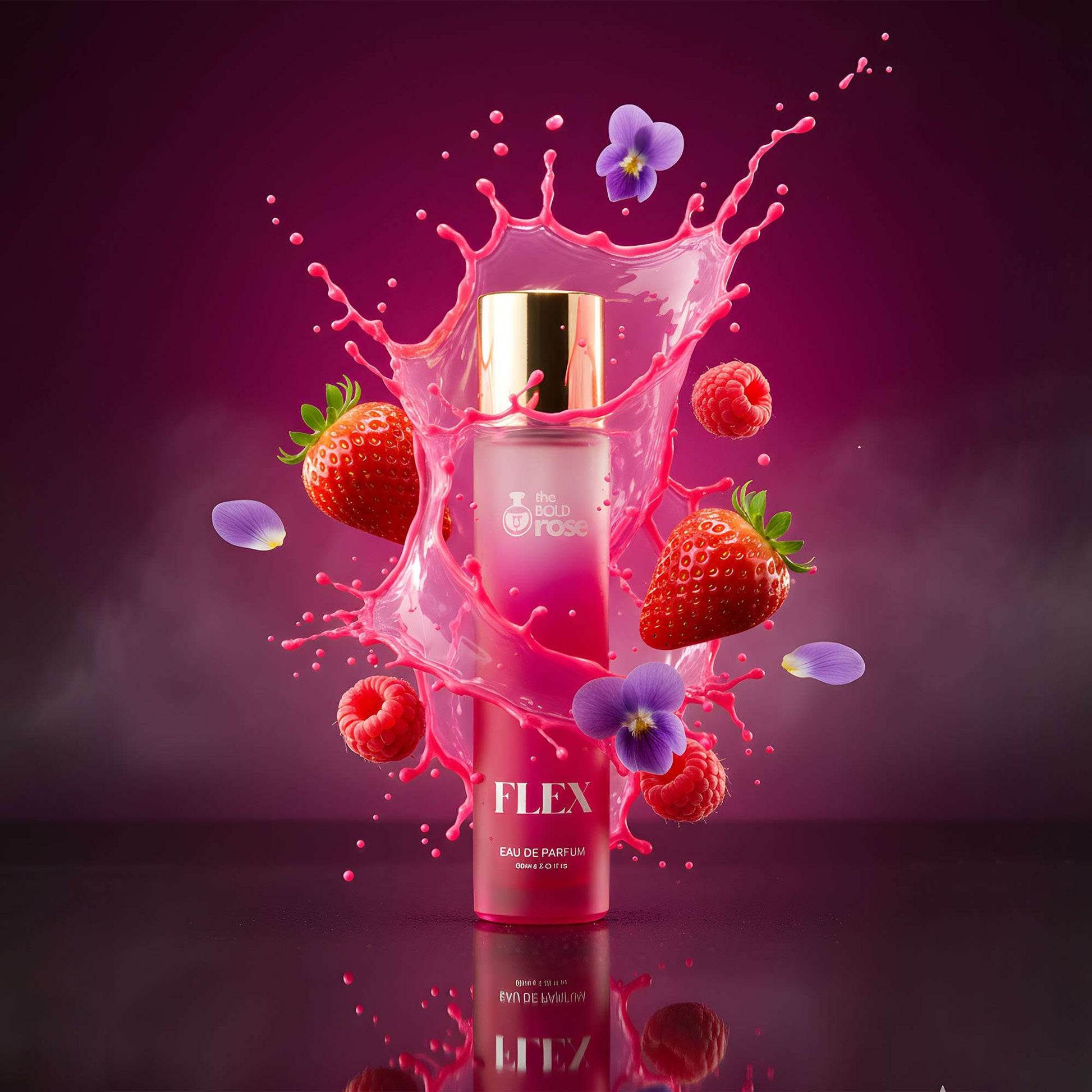 The Bold Rose Flex perfume bottle with pink splash and strawberry–raspberry notes for college girls.