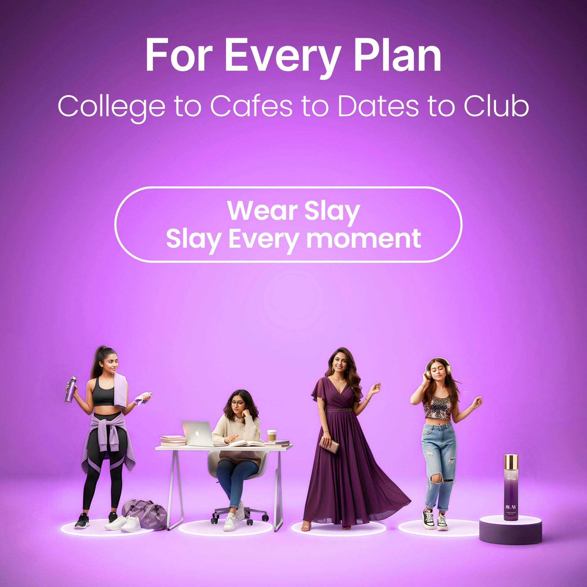 Four different lifestyle looks—gym, study, date and casual—showing how college girls wear The Bold Rose Slay perfume for every plan.