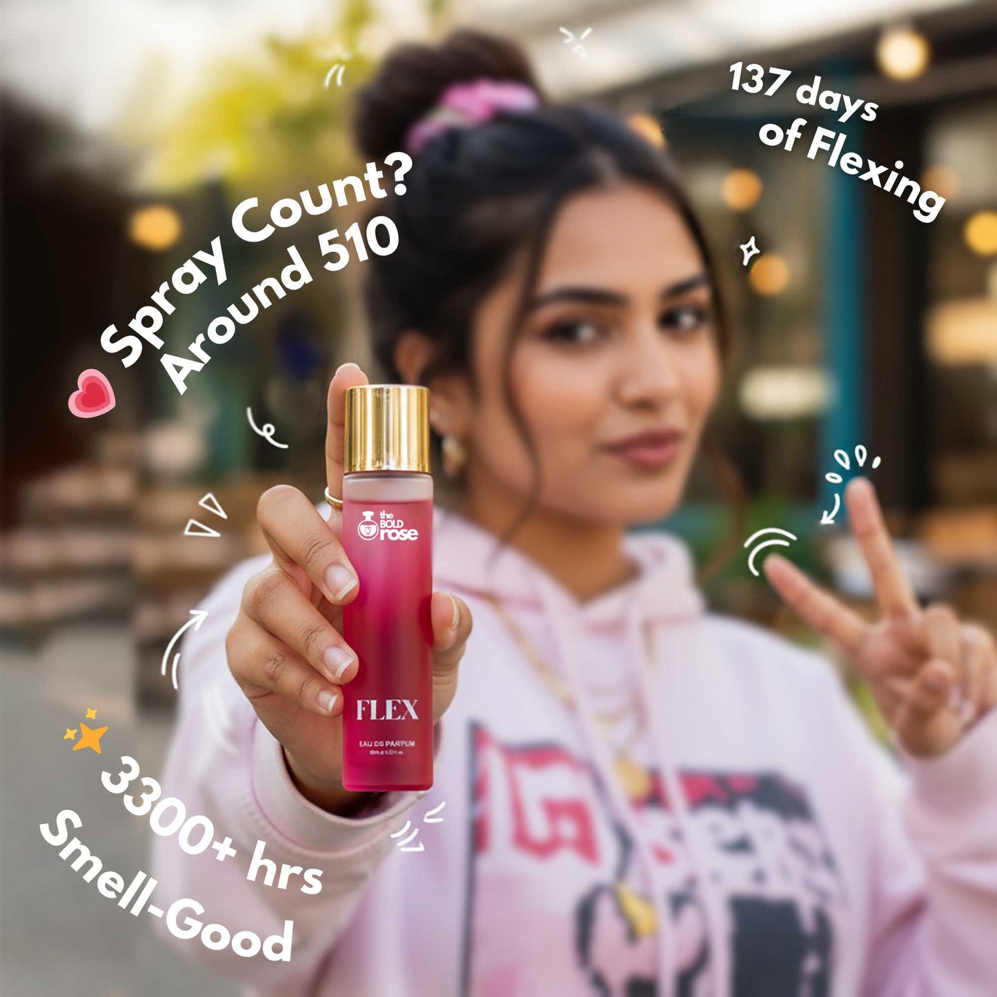 College girl holding The Bold Rose Flex perfume showing spray count, longevity and usage highlights.