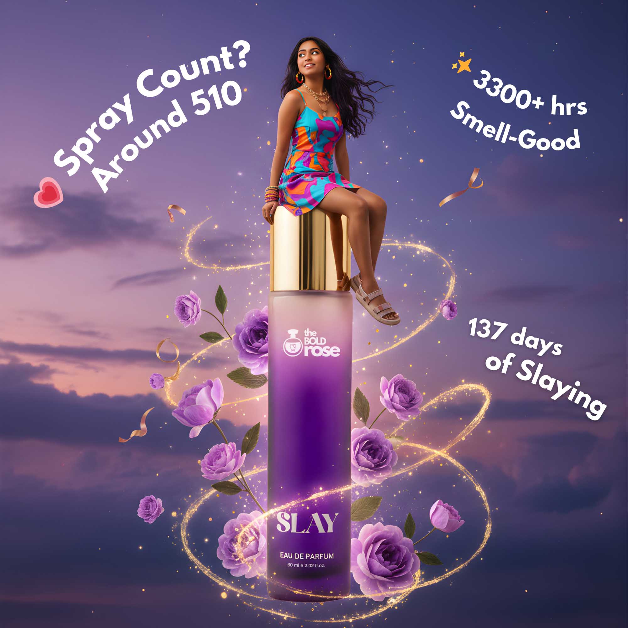 Stylish girl sitting on The Bold Rose Slay perfume bottle with spray count and long-lasting fragrance stats graphic.