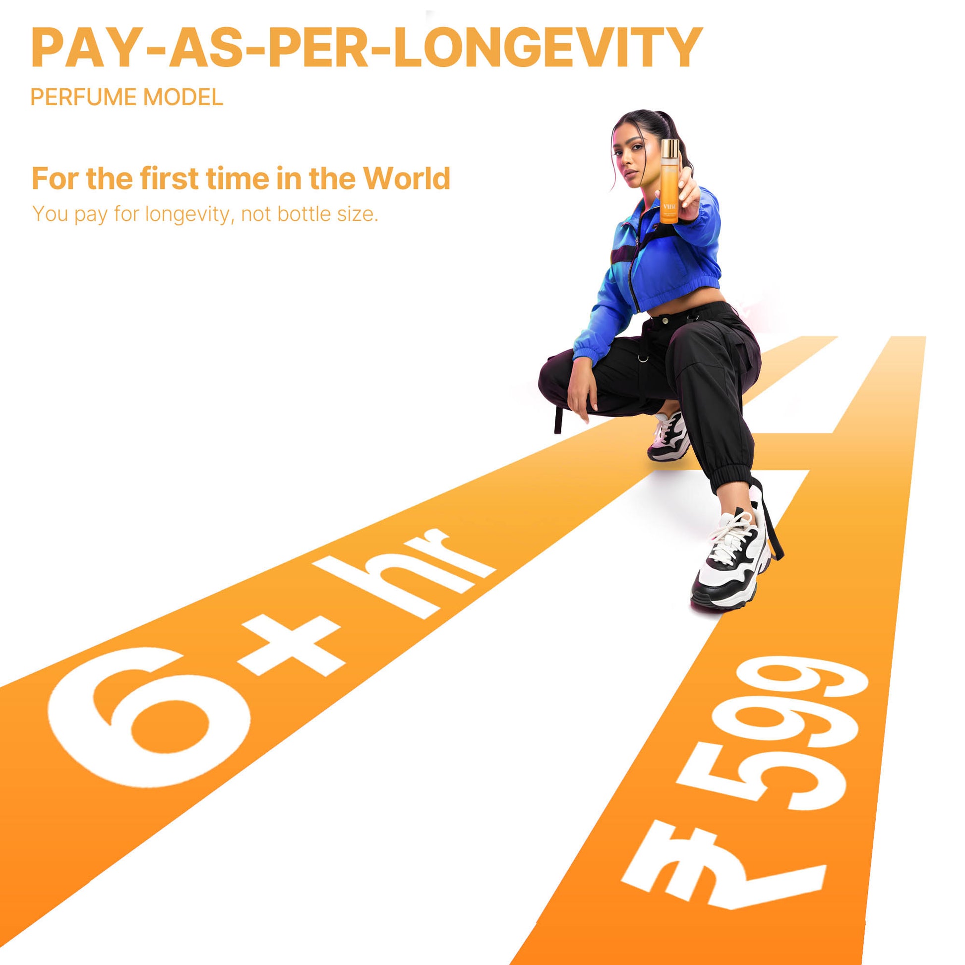 Girl holding Vibe perfume on an orange and white longevity meter graphic showing 6+ hours and ₹599 pricing.