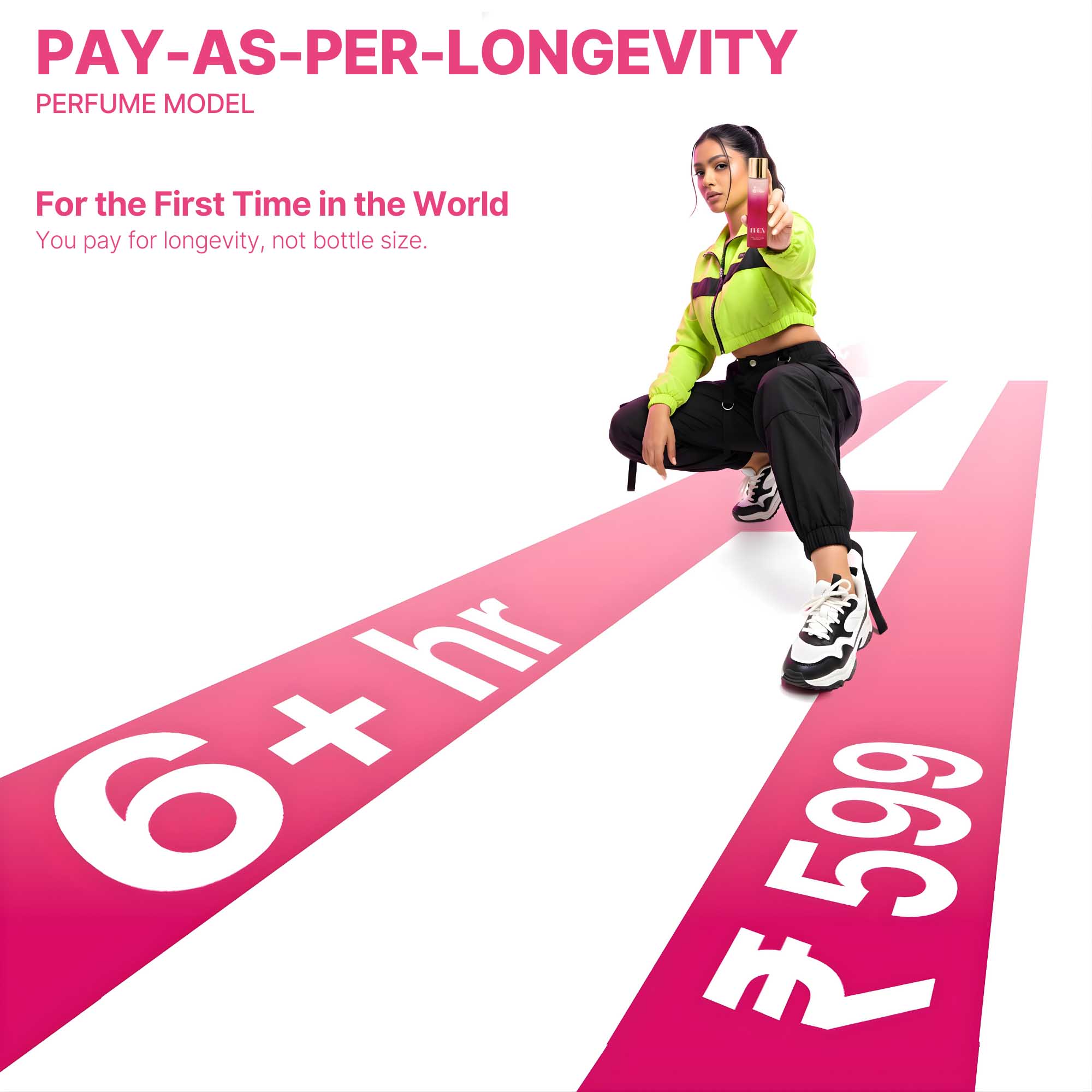 The Bold Rose pay-as-per-longevity perfume model promoting Flex 6+ hour performance.