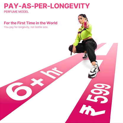 The Bold Rose pay-as-per-longevity perfume model promoting Flex 6+ hour performance.