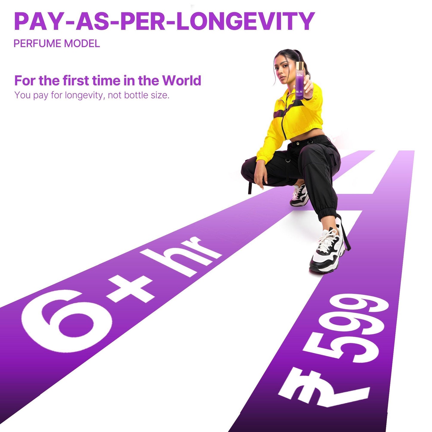 College girl holding The Bold Rose Slay perfume promoting the pay-as-per-longevity model showing 6+ hour performance at ₹599.