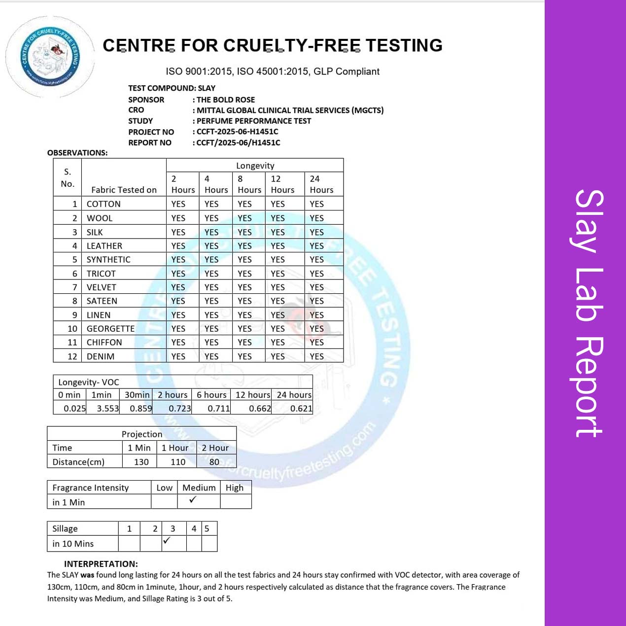 Slay Lab Report for Centre for Cruelty-Free Testing with a purple border on a white background