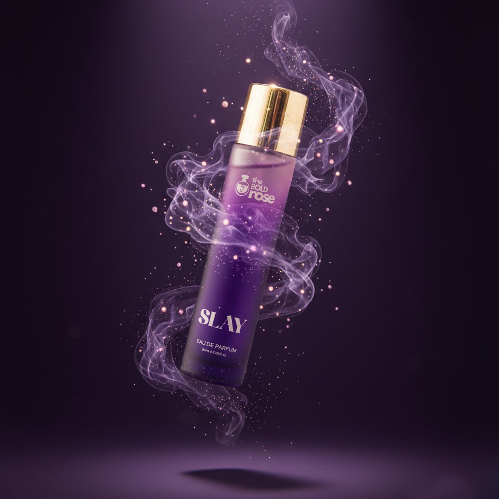 The Bold Rose Slay perfume bottle with purple smoke aura and luxe gold cap on a dark violet background.
