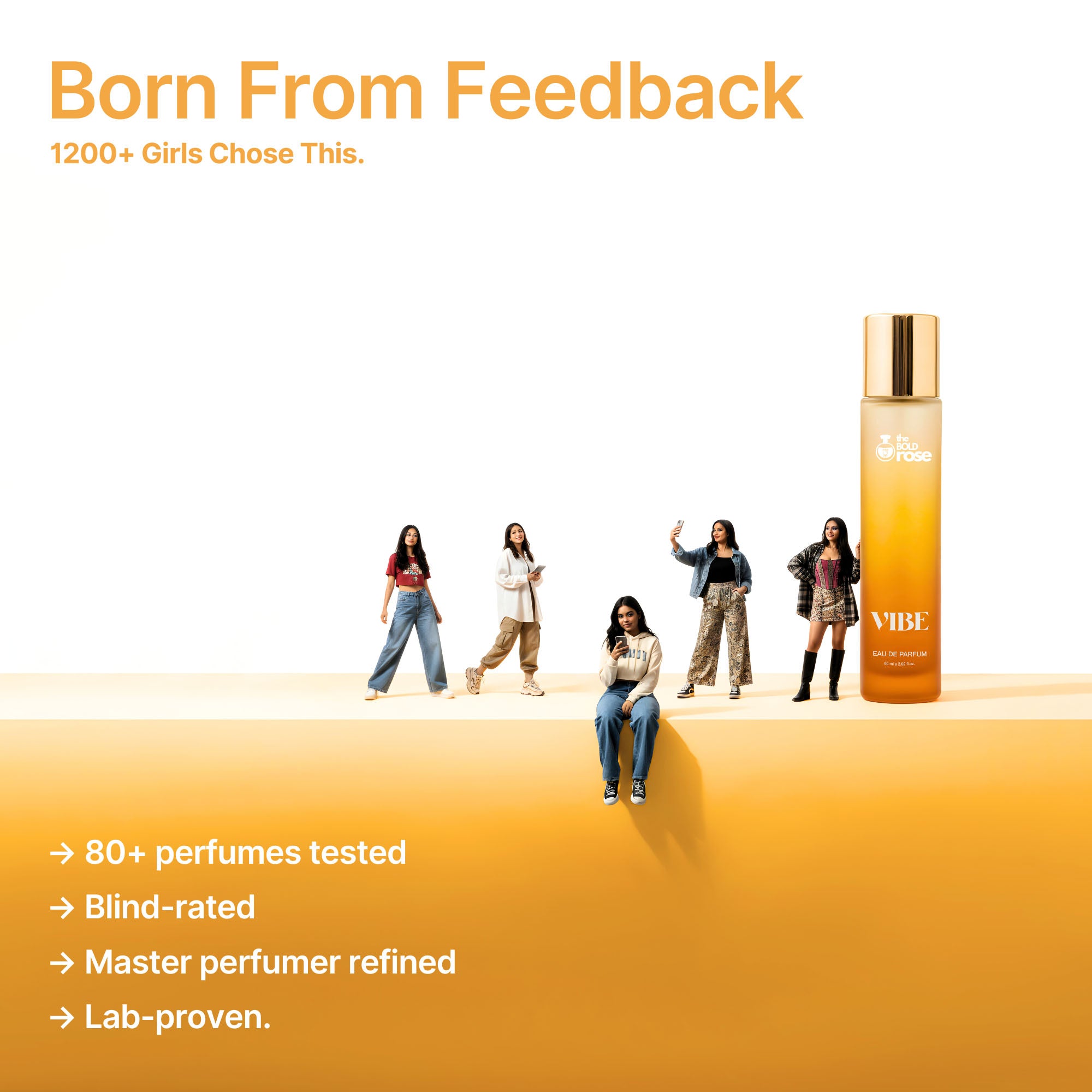 Vibe perfume with diverse group of young women showing user testing insights and claims like blind-rated and lab-proven.
