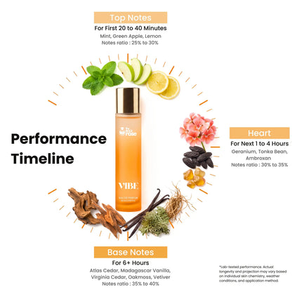 Vibe perfume bottle with performance timeline and notes description on a white background