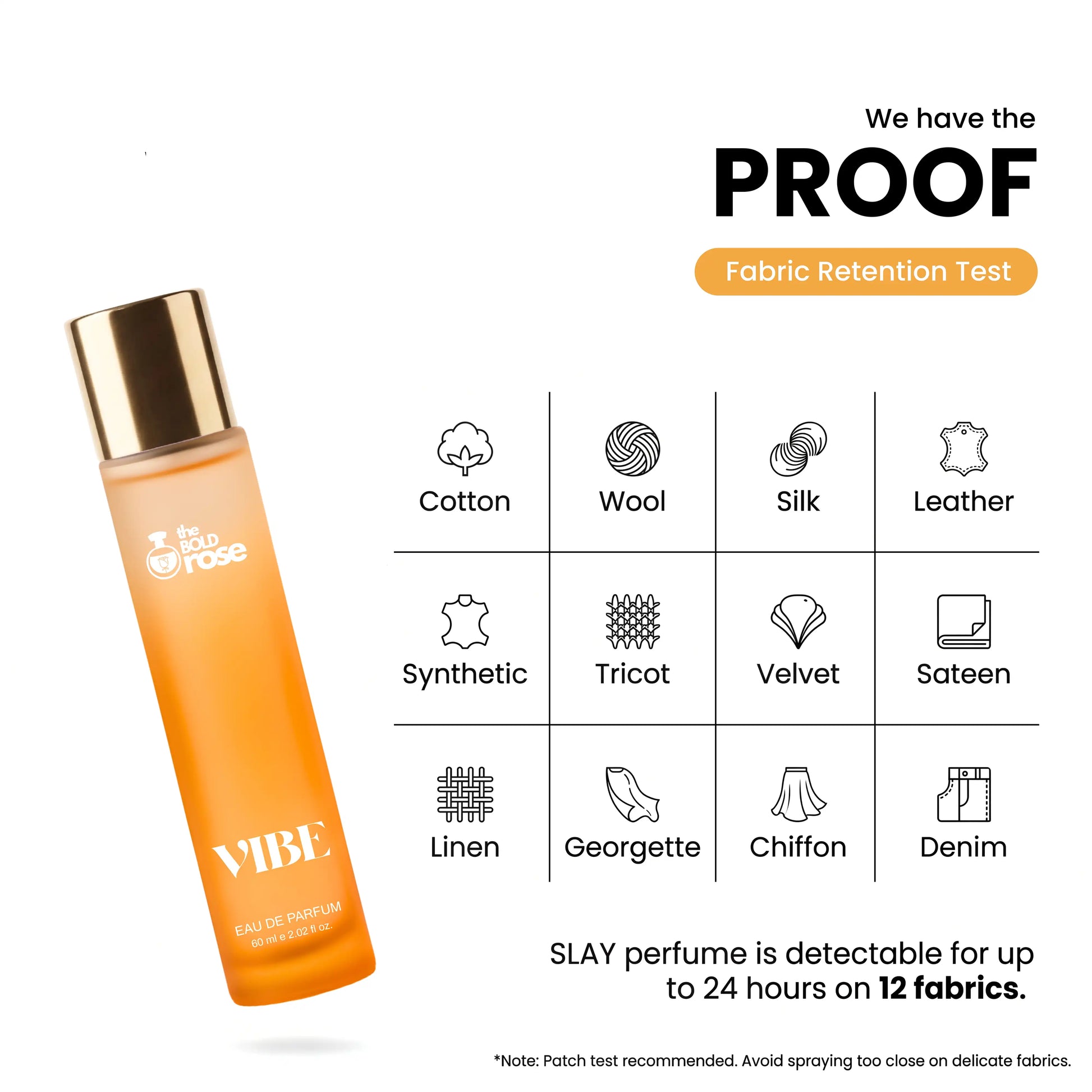 Orange perfume bottle with gold cap on a white background, featuring fabric retention test chart.