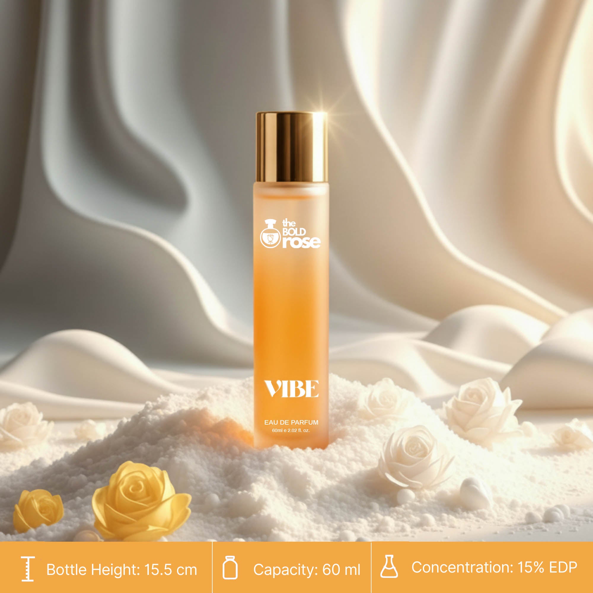 Vibe perfume bottle placed on silky white fabric with soft yellow roses around it in a minimal aesthetic.