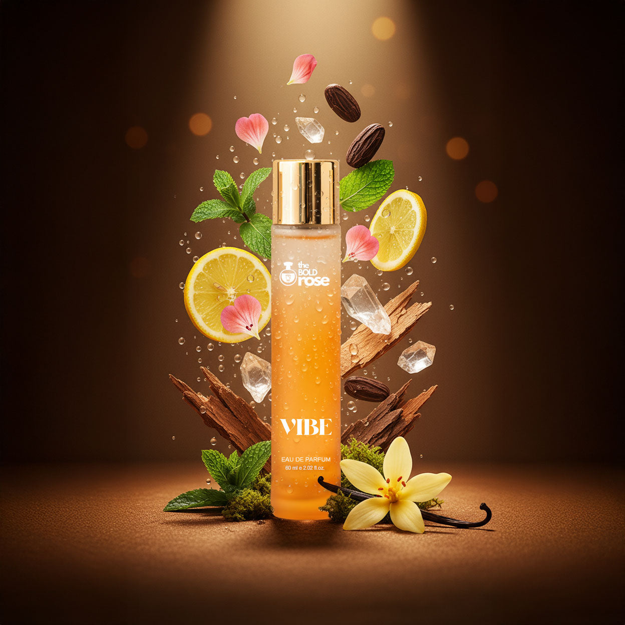 Vibe perfume bottle surrounded by citrus slices, mint leaves, vanilla, wood notes and floral petals on a warm orange background.