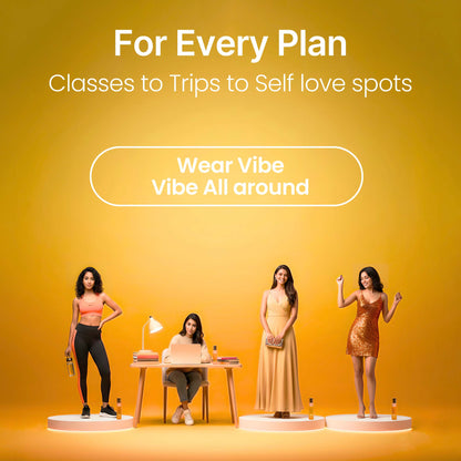 Four young women in different outfits representing everyday use cases for Vibe perfume — fitness, study, casual and party looks.