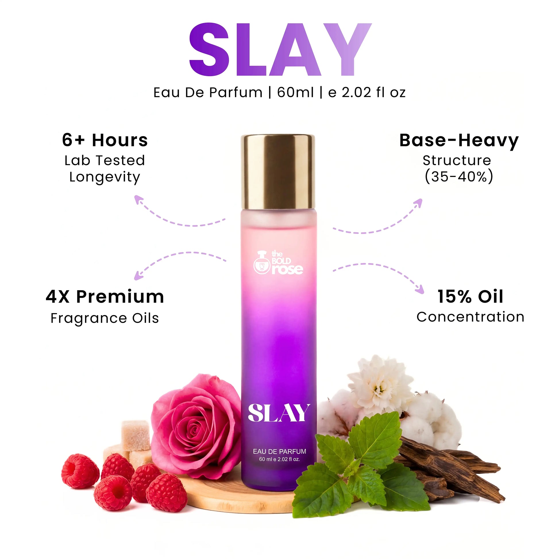 Perfume bottle labeled 'Slay' with floral and fruit elements on a white. bold-rose-slay-perfume-long-lasting-60ml-background