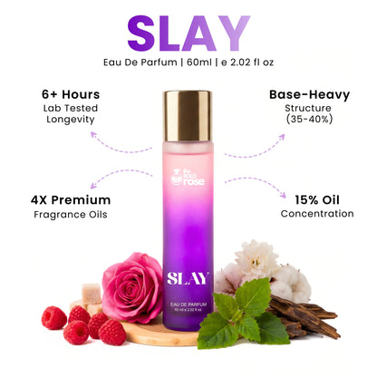 Perfume bottle labeled 'Slay' with floral and fruit elements on a white. bold-rose-slay-perfume-long-lasting-60ml-background