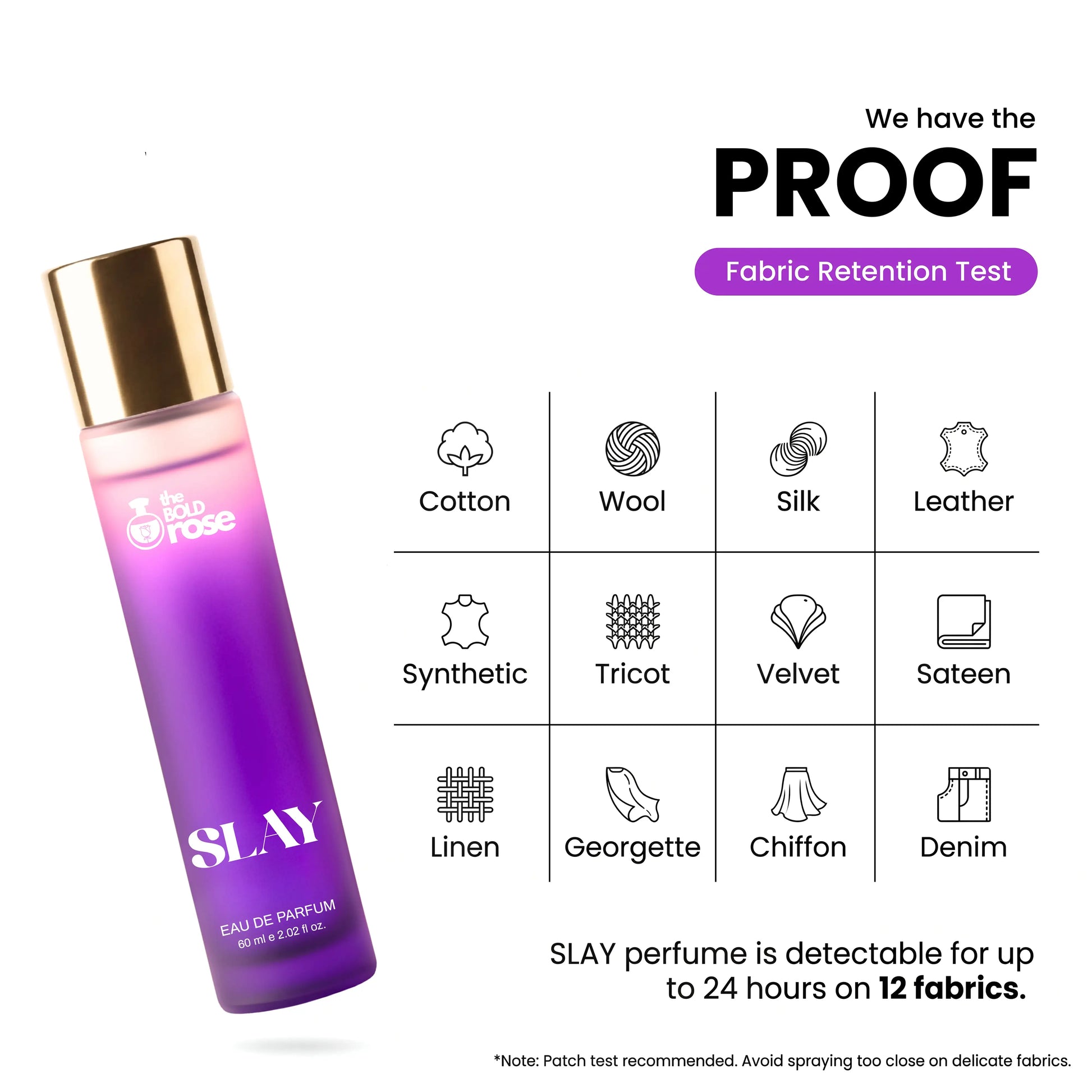 SLAY perfume bottle with fabric retention test chart on a white background