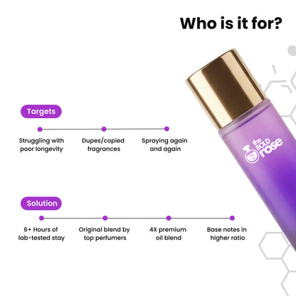 Purple bottle with gold cap on a white background, featuring text about product features. bold-rose-slay-purple-perfume.