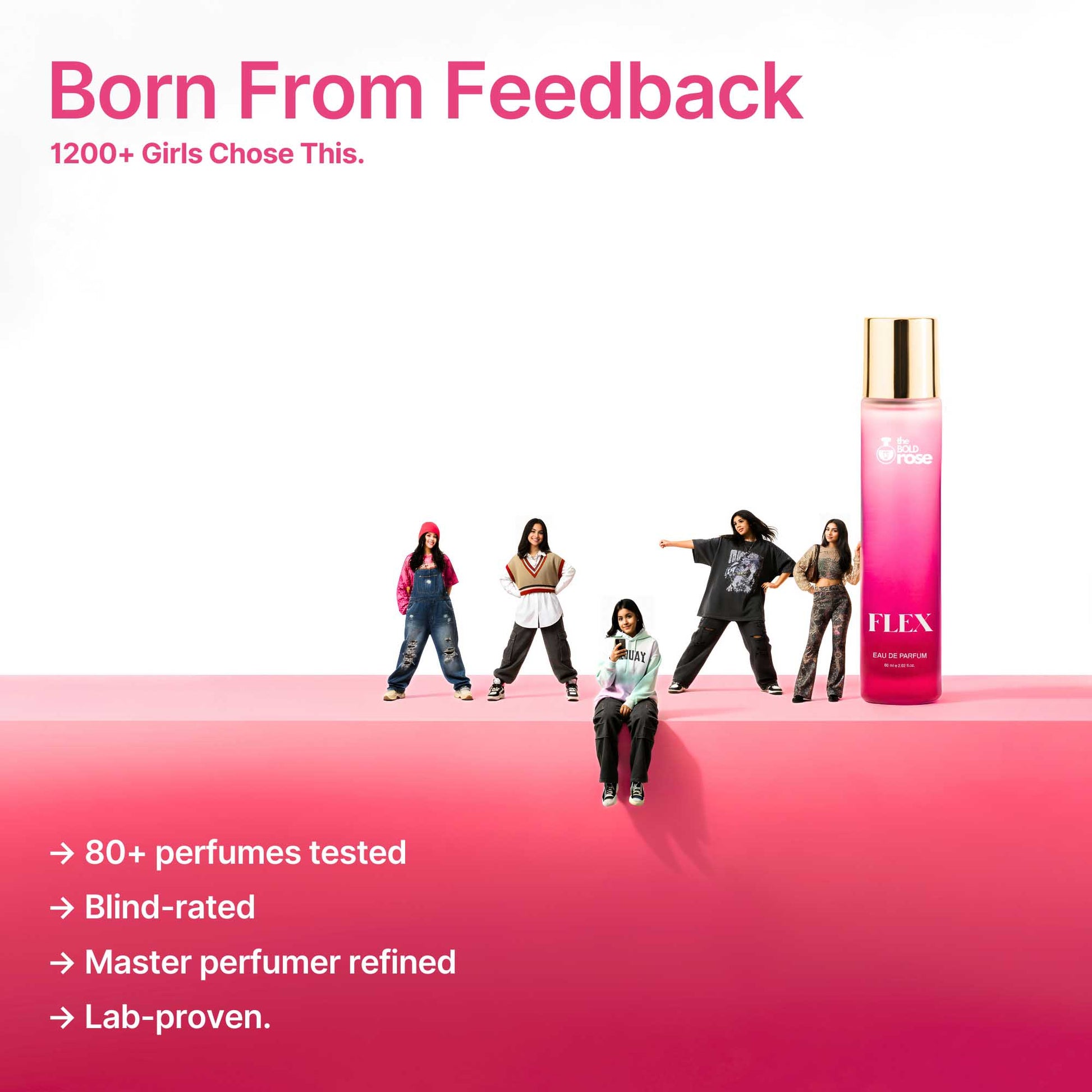 Flex perfume created from real feedback of 1200+ college girls with master perfumer refinement