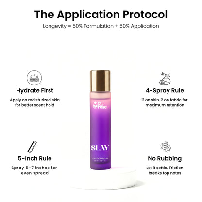 SLAY perfume bottle with application protocol instructions on a white background. the-bold-rose-slay-purple-perfume-application-protocol